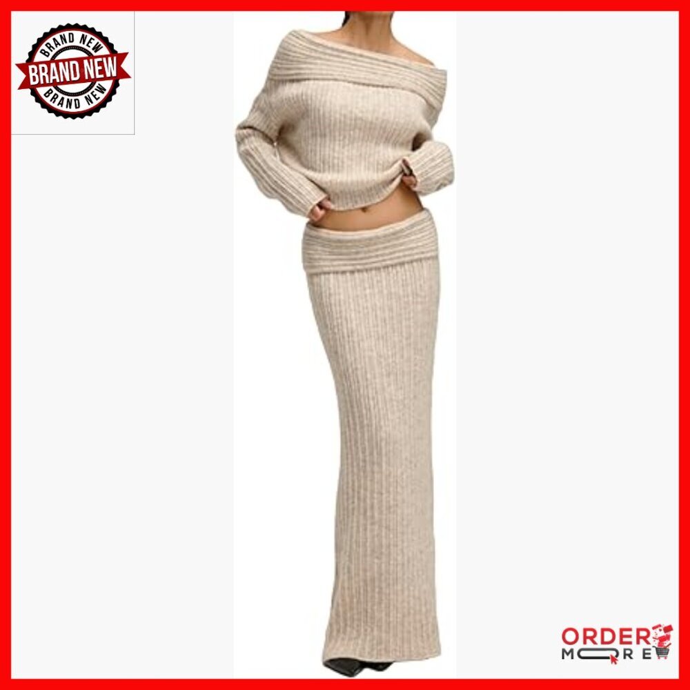 Off Shoulder Sweater Set with Maxi Skirt, Stretch Polyester, Size Small